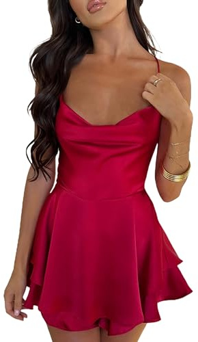 LSFYSZD Women Spaghetti Strap Satin Rompers Dress Short Jumpsuits Sexy Cowl Neck Lace Up Backless Ruffle Layered Mini Dress (Red, S)