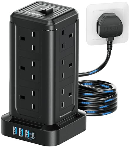 Tower Extension Lead with USB Slots 2M, 12 Way Surge Protector Extension Lead with 4 USB(1 USB C- PD 20W) Ports, Multi Plug Extension Cord with Widely Spaced Outlets, Extension Cable for Home, Office