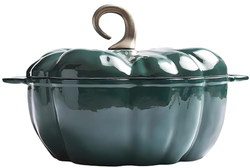 Pumpa kokotte, pumpa gjutjärn holländsk ugn, 3,7 L pumpa form matlagningsgryta emaljkruka, pumpakanna med lock, gryta soppgryta, halloween Thanksgiving dekor kruka gåva, grön