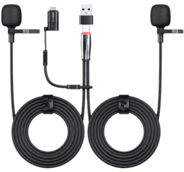 H.May Dual Head Dual Channel Stereo Lavalier-mikrofon; Radiomottagning, 96KHZ/24BIT-inspelning; Inspelning av intervjuljud, Karaoke Live Streaming för Android, Apple (3M)