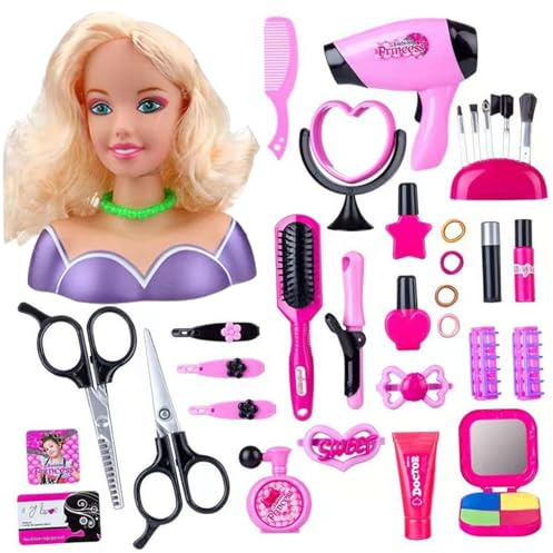 Dolls Head Hair Styling Model Kids Styling Head Doll for Kids 35PCS/Set Safe Hair Style Doll Head for Girls Make up Hairdressing Set with Hair Accessories for Girls Gift