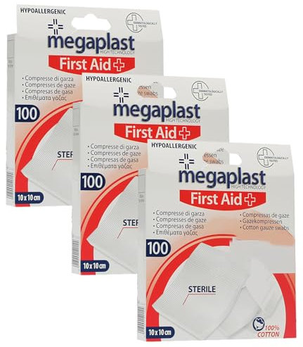100pz compresse di garza sterile mis. 10x10 cm, idrofila di puro cotone 100% per la medicazione, bianca, per ferite e per disinfettare,ipoallergenico e latex free (Confezione da 3)