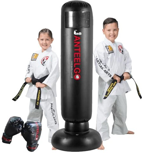 Boxsack Kinder mit Boxhandschuhen ab 3-12 Jahre: JanTeelGO 150cm Aufblasbare Standboxsäcke - Kinderboxsack Stehend zum Üben von Karate und Taekwondo (Boxsack Kinder-B)