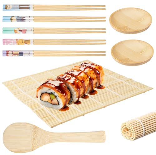 10 Piezas Set Sushi, Tapete de Bambú para Sushi, 2 Esterilla Sushi y 5 Pares de Palillos, 1 Cuchara de Arroz y 2 Platos Sazonadores, Apto para Principiantes y Profesionales en la Elaboración