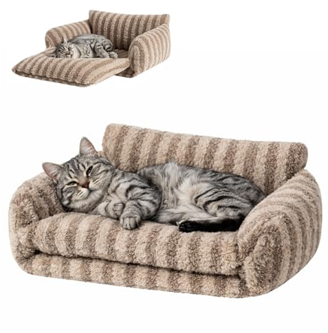 Hollypet Cat Bed Fluffy Plush Mutifuctional Double-Layer Soft Warming Kitty Pet Couch Orthopedic Nest Beds for Small Cats and Dogs, Khaki (21x15x8 inch, Recommend for Kittens or Pets Under 13lbs)