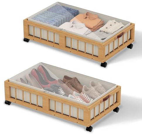 efluky 2-Pack Bamboo Under Bed Storage Containers with Wheels, Under Bed Clothes Storage Basket with Large Dust Bag, Rolling UnderBed Storage for Bedroom, Dorm and Basement, Nature