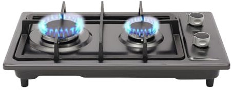 soudesileim Tragbare Gasherd 2 Flammig mit Druckreduzierventil, Mitgelieferter Umrüstdüse, 1.5m Schlauch, 51×31×10cm, 3kw+1,75kw Brenner, Gaskocher Camping, Gaskochfeld Outdoor (Schwarz)