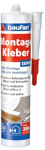 baufan Adhesivo de montaje Express de 280 ml, en práctico cartucho, listo para usar, adhesivo universal para madera, canales de cable, placas aislantes, cerámica, PVC, sin disolventes, color blanco
