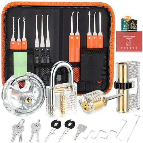 32 Pcs Lock Picking Kit, [Upgraded Version] Diyife Lock Pick Set with 4 Transparent Training Locks 3 Key Extractors & 8 Locks Picking Tools for Lockpicking, Guide for Beginner and Locksmith Training