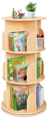 OOOK Rotating Bookshelf, Small Corner Bookshelf for Small Space, 360° Display 3 Tier Floor Standing Bookcase Storage Rack, Wooden Narrow Bookcase Organizer for Bedroom, Living Room