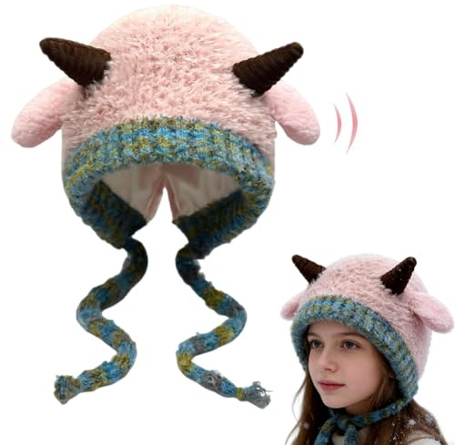 Plush Animal Hat, Cartoon Lamb Hat Kids Plush Hats Sheep Ear Moving Cap Cartoon Earflap Cosplay Costume Hats Winter Warm Caps Headgear Photo Props for Kids Adults Festival Cosplay Costume Gift (Pink)