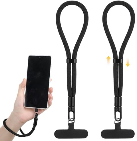 LIQWEI 2 stycken mobiltelefonkedja kort universal, justerbar handrem, justerbar mobiltelefonhänge, polyester, mobiltelefonband, anti-förlust för nyckelband, mobiltelefoner, kameror, USB-minne (svart)
