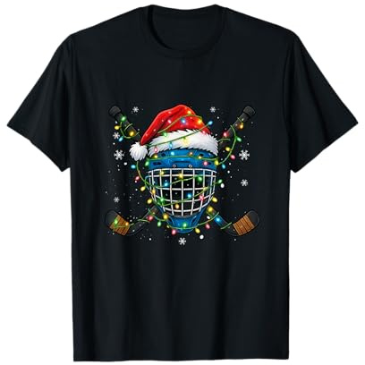 Christmas Ice Hockey Helmet Santa Xmas Men Boys Kids Teen T-Shirt