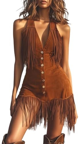 Summer Dresses for Women Tassel Dress Cowgirl Faux Suede Outfits Sleeveless Fringed Dress Round Neck Cowboy Mini Costume for Festive Events