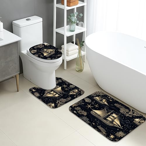 3 Piezas Juego De Alfombra De Baño Velero Náutico Vintage 3 Alfombrillas De Baño Antideslizantes Absorbentes Alfombras De Cama, para Dormitorio, Cocina, Bathroom