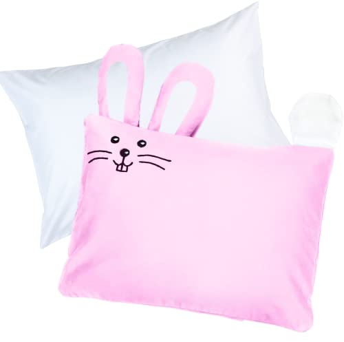 kinder Fluff Cuscino per Bambini con Federa Transpirante Morbido 100% Cotone. Resistente, Ipoallergenico e Lavabile in Lavatrice. Cuscini Letto per Bambini con Federa Disegno Coniglietto - Rosa