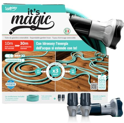 Idroeasy, Tubo Estensibile da Giardino 30 Metri con Doccetta 6 Funzioni e Raccordi, Tubo Acqua Giardino 1/2” Antitorsione e Antinodo,Estensibile Fino a 3 Volte la Sua Lunghezza Iniziale,Made In Italy