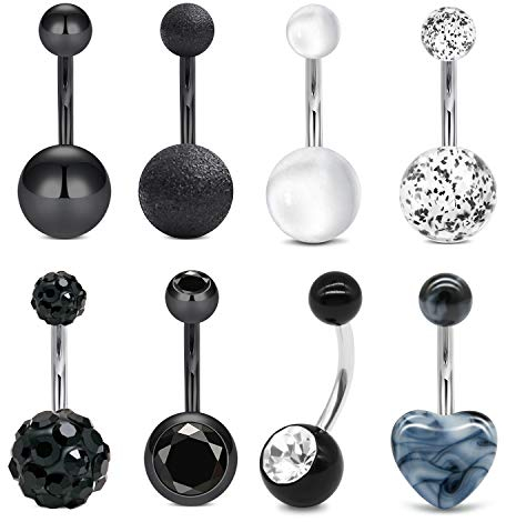 Funseedrr 8stk Bauchnabelpiercing Nabelpiercing 10mm 14G Edelstahl Banane Barbell Bauchnabel Piercing Set Schwarz