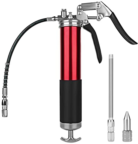 MorNon Fettpresse 6000PSI Einhand Fettpresse Ergonomischer Rutschfester Pistolengriff mit 12.8Zoll Flexiblem Schlauch Hochleistungs Fettpresse für 400ML Standard Fettkartusche und Schüttfett (Rot)