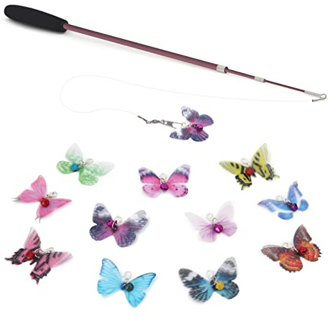 SONGWAY Cat Butterfly Toys - 13 Pieces Cat Toy Set with Retractable Wand and Butterfly Toy Replacement with Bell, Interactive Toys for Indoor Cats Kittens