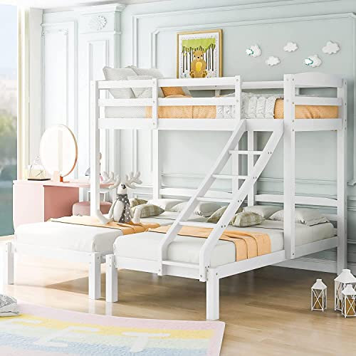 Kayan 3FT Bunk Bed Triple Sleeper with Side Ladder, Solid Wood Children Bed Frame, Suitable for Children and Teens, Easy to Assemble, White