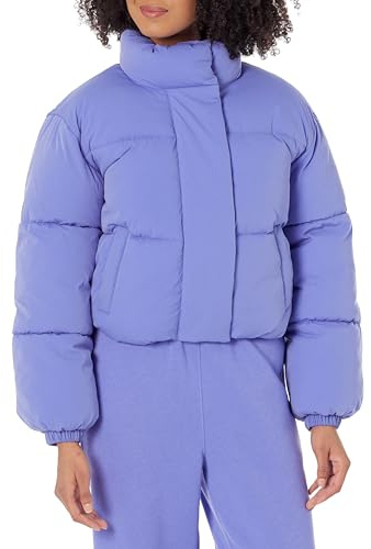 Amazon Essentials Women's Relaxed Fit Cropped Full-Zip Puffer Jacket with Snap Closure, Quilted Matte or Sherpa Fleece, Purple Blue, X-Small