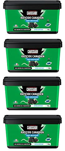 CAUSSADE Raticide Canadien - Anti Rats & Souris - Fortes Infestations - Lieux sec & humides – 288 Appâts pâtes - Prêt à l'emploi - Une Ingestion Suffit - Fabriqué en France - 2880g CARPT720X4