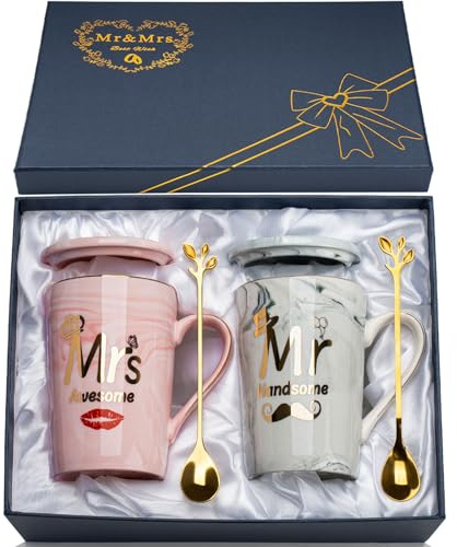 San Valentino per Lei, Regalo San Valentino per Lui, Regalo Anniversario Matrimonio Regalo Sposi Mr e Mrs Regali di Coppia 2Pcs Tazze Cop-pia, Tazza di Caffè Marmo Rmatrimonio Idee Originali, 14oz