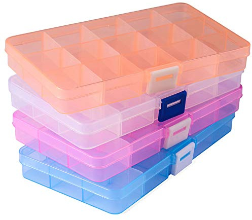 Opret 4 Pcs Bead Storage Box, 15 Grids Plastic Jewellery Organisers | Small Containers with Adjustable Dividers, Compartment Craft Case, Size 17x9.5x2cm, Multicolour