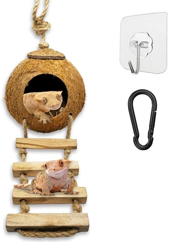 Favozio Leopard & Crested Gecko Coconut Cave Reptile Hide with Ladder, Snake Natural Coco Shell Hut Hideout, Terrarium Tank Decor Accessories, Hamster Climbing Toy, with Sticky Wall & Carabiner Hook