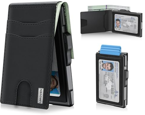 umoven Wallet for Men - Pop Up Case, Cash Slot, and Credit Card Slot - Slim Aluminum Wallet with RFID Blocking, Minimalist Leather Wallet Front Pocket with ID Window, Gift Box (Dark black)