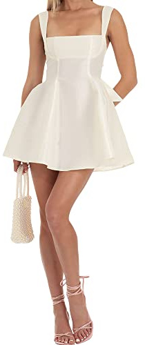 Women Sleeveless Bow Knot Tie Back Mini Dress Ruffle Ruched Strap Stain Graduation Dress Flowy Backless Short Party Dresses (A-White, L)