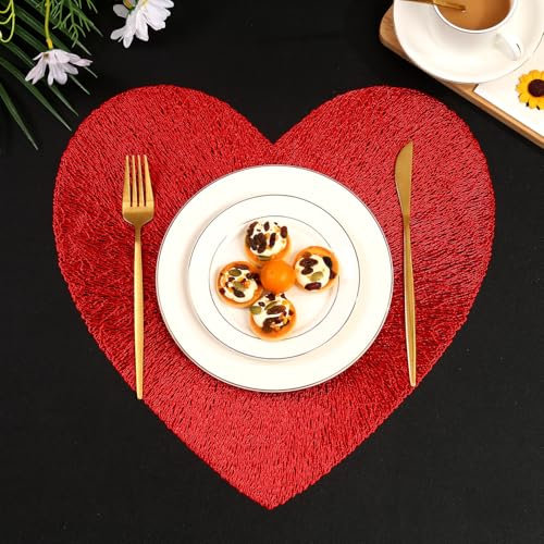 Hosoncovy 4 Pack Heart Placemats Table Mats Set Washable PVC Non-Slip Heat Resistant Table Place Mats Dinner Mats Meal Mat for Kitchen and Dining Room for Wedding (Red)