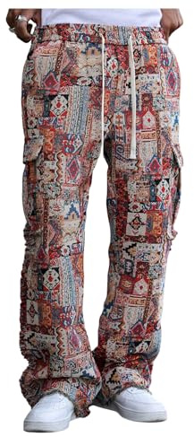 GORGLITTER Men's Baggy Cargo Pants Patchwork Flared Pants Y2K Graphic Distressed Stacked Drippy Sweatpants Trousers Red X-Large