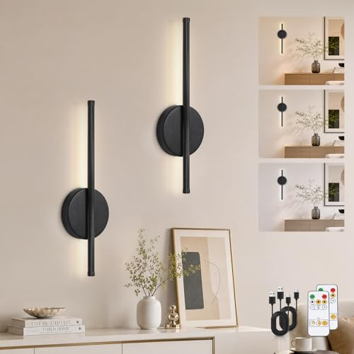 Kimjo 40cm Battery Operated Wall Lights, Modern Rechargeable Wall Lamps, Cordless Wall Sconce with Remote Control, Dimmable Wall Mounted Light Indoor with Timer Function for Bedroom, Hallway, 2 Packs
