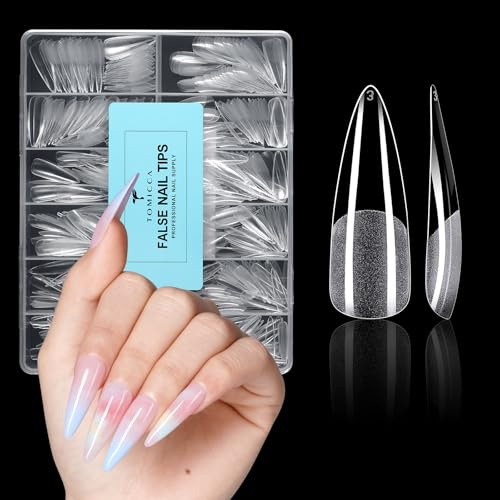 TOMICCA Long Stiletto Nails - 504pcs Clear Press On Nail Tips, Pre-Shaped & No Filing Required, Full Cover Almond Stiletto for Gel/Acrylic Nail Extensions, 12 Sizes for Salon & DIY