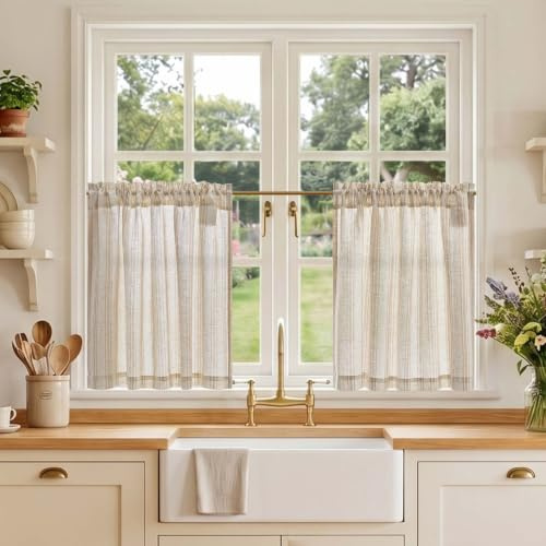 TOPICK Linen Look Kitchen Curtains, Cafe Curtains, W36 xL24 Taupe Striped | 2 Panels Rod Pocket Light Filtering Curtains, Half Window Curtain 2 Drapes for Bedroom, Living Room, Cupboard Base, Sink