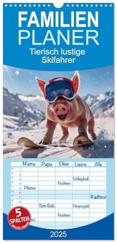 Familienplaner 2025 - Tierisch lustige Skifahrer mit 5 Spalten (Wandkalender, 21 cm x 45 cm), CALVENDO
