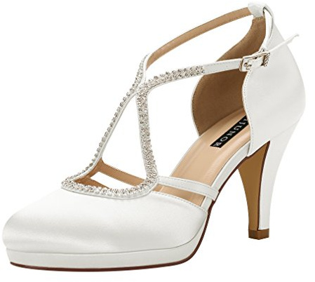 ERIJUNOR E0260D Women Comfort Low Heel Closed-Toe Ankle Strap Platform Satin Bridal Wedding Shoes Ivory Size 7