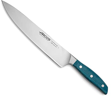 Arcos Cuchillo Chef Forjado Acero Inoxidable Tamaño. Mango Profesional Micarta y BorSeda Especial con Hoja Plateada 250 mm. Impresiona yorprencon Cada Corte. Serie Brooklyn. Color Azul.