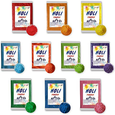 INDIAN STORE 24 Borsa Holi Gulal Polvere solubile in Acqua Natural Festival Servizio Fotografico Rangoli Colors Rainbow Powder Sacchetto di Colore Sacro Foto di Polvere di Colore Glitterato (Mix 10)