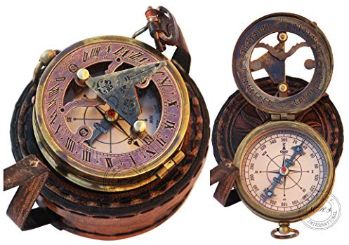 MAI Brass Sundial Compass Beautiful Gift Item with Leather Case - Sun Clock - Steampunk Accessory – Nautical Gift – Wedding Gifts for Him – Sundial Watch