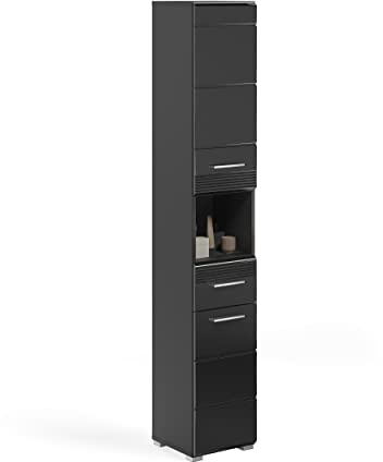 xonox.home - Hochschrank Linus 30x182x31 cm in Front schwarz Hochglanz Korpus schwarz - Badschrank schmaler Badezimmerschrank - modern, platzsparend und funktional