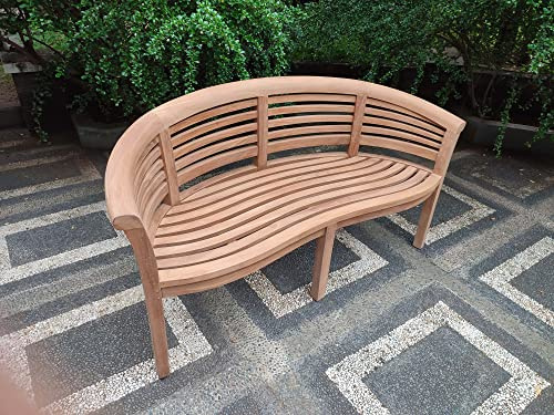 Emporium Furniture Garden Bench (Extra Thick) with Cushions Premium Quality Teak Wood Outdoor Patio Banana Benches (Standard Banana Bench Horizantal Slats, Cream Cushion)