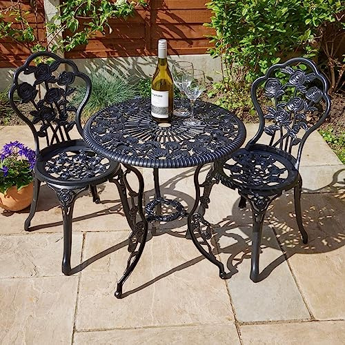 Home Source Rose Bistro Set (Black) – Cast Aluminium, Floral Design & Parasol Hole | 60cm Round Table x 66H cm | 3 Piece Garden Patio Set