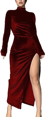 SEMATOMALA Women's Long Sleeve Side Ruched High Slit Maxi Dress Mock Neck Velvet Bodycon Party Club Thigh Split Long Dress WR-2XL Wine Red