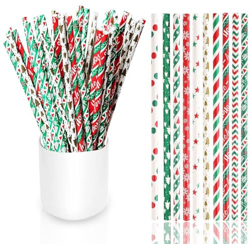 Christmas Straws Biodegradable Drinking Paper Straws,10 Patterns Xmas Party Straws Christmas Disposable Straws for Cocktail Bubble Tea on Christmas Party Tableware Birthday Wedding Decorations