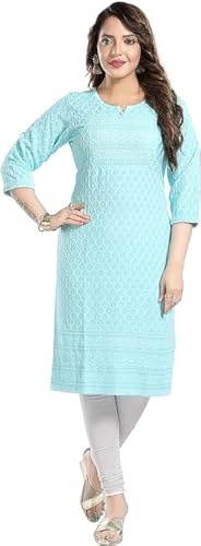 QUEEN SHIELD Kurta da donna in rayon Chikan-Kari al ginocchio, abito indiano da donna, kurta da lavoro ricamato, pronto da indossare, tunica top da donna, blu cielo, M