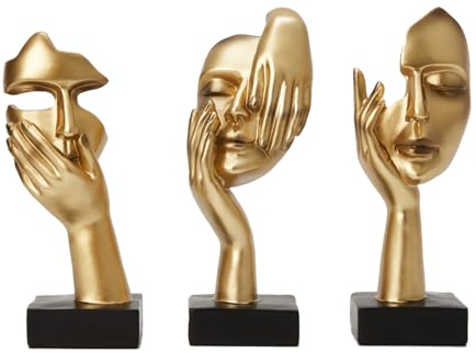 maozyiltle Woman face Statue set of 3,Golden Black Thinker Collectible Statue,Modern Art Home Decor,Suitable for Bookshelf,TV Cabinet and Gift for Friends (Gold-3Pcs)