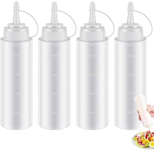 FKWKUW Confezione da 4 bottiglie di plastica da spremere da 240 ml, per condimenti per pittura, cottura, ketchup, salsa piccante, olio d'oliva, salse, salse, con tappo a prova di perdite e misure
